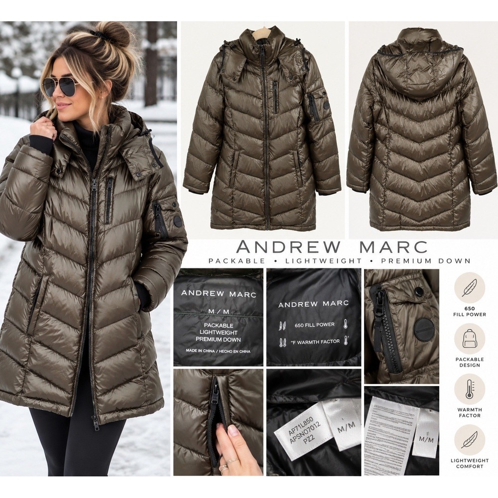 Andrew Marc M/M Metallic Brown 650 Fill Down Puffer Coat Hooded Packable Long
